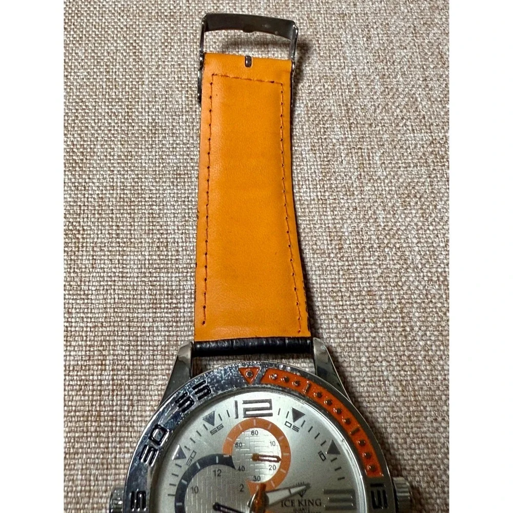 ICE KING Mens Orange Leather Strap Chronograph Watch Silver Dial Water Resistant